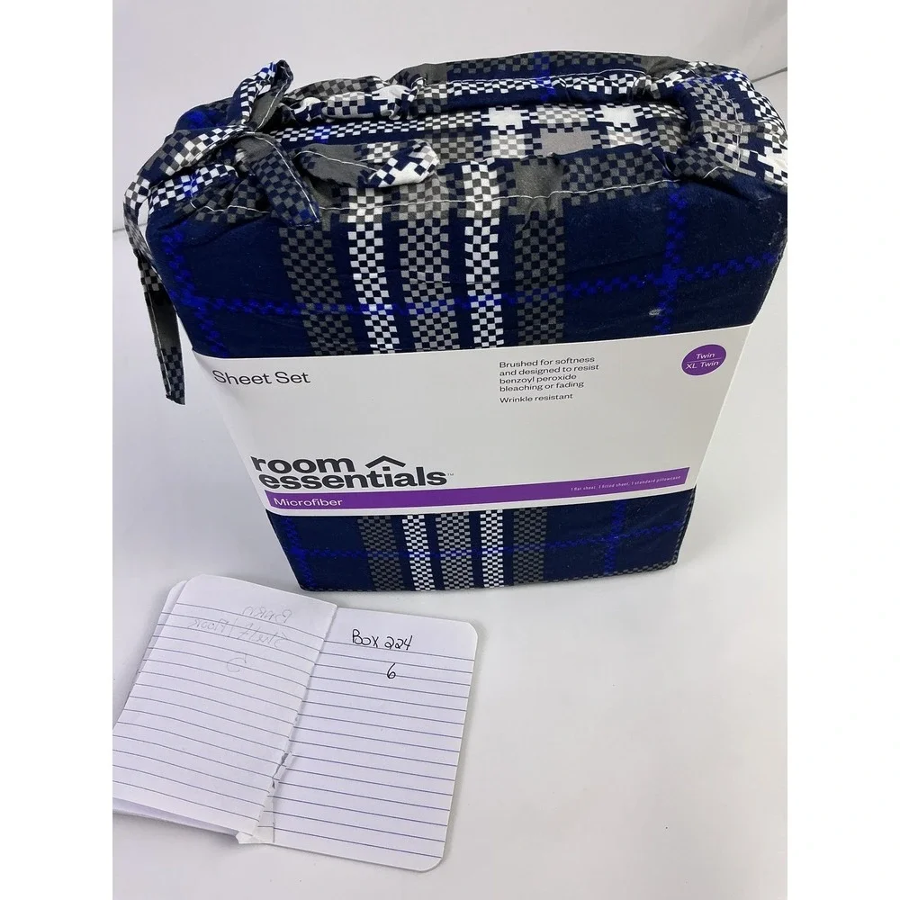 Room Essentials‎ Microfiber Sheet Set Twin XL Blue Gray Plaid Wrinkle Resistant